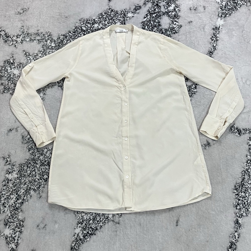 Vince 100% Silk Ivory Button Front Roll Tab Sleeve Blouse Top Womens Size XXS